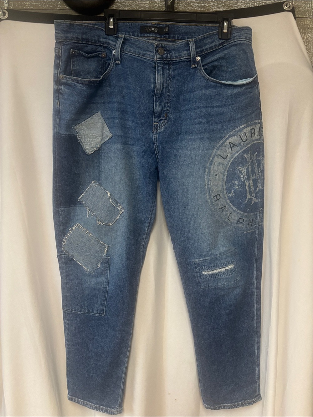 Ralph Lauren Distressed Blue Boyfriend Jeans with Logo Patch - Picture 2 of 12